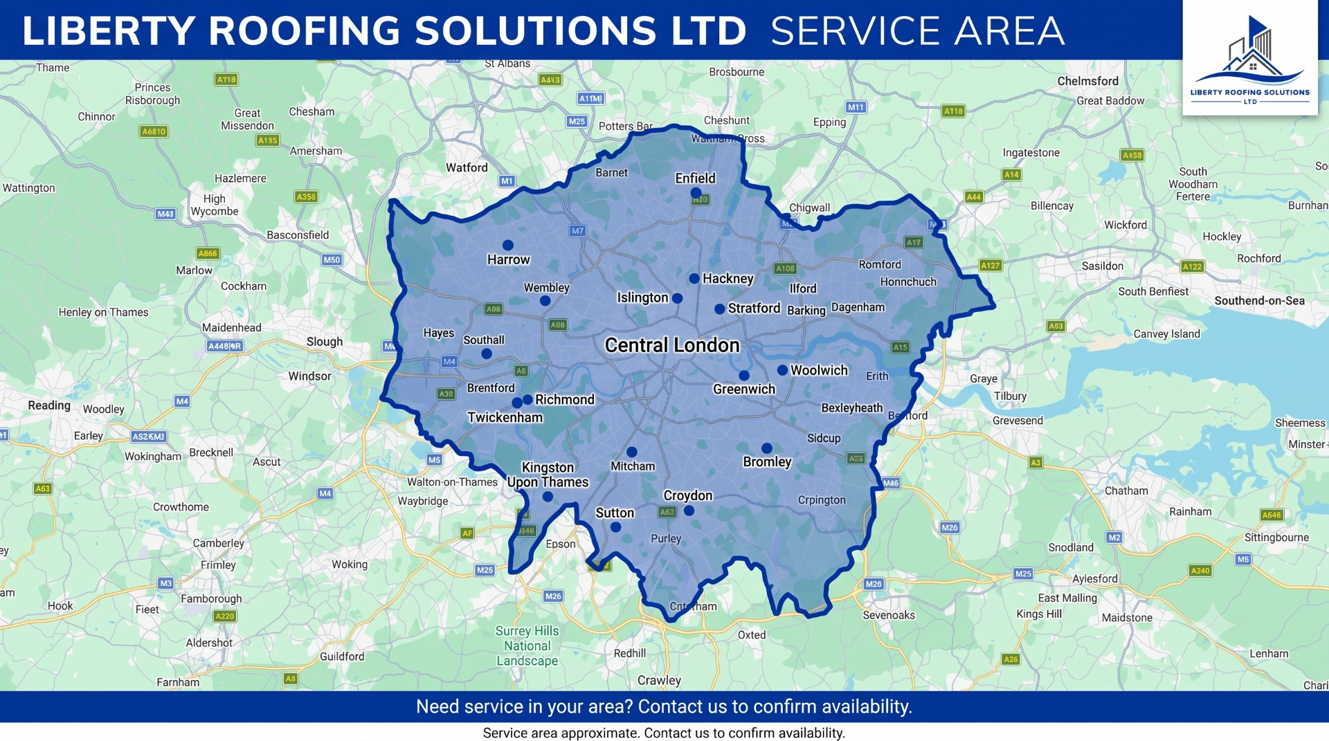 Liberty Roofing Solutions service area covering all of London and Greater London